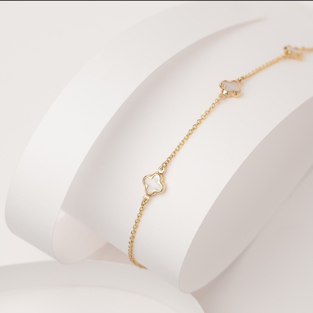 Clover Bracelet Made of Real Mother of Pearl and 14K Gold - Not Plated or Filled
